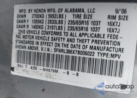 2007 Honda Odyssey Ex-L z USA, uszkodzony, nr VIN 5FNRL386X7B006022